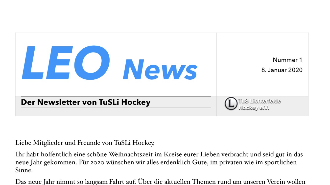 Neu: LEO News, der Newsletter von TuSLi Hockey