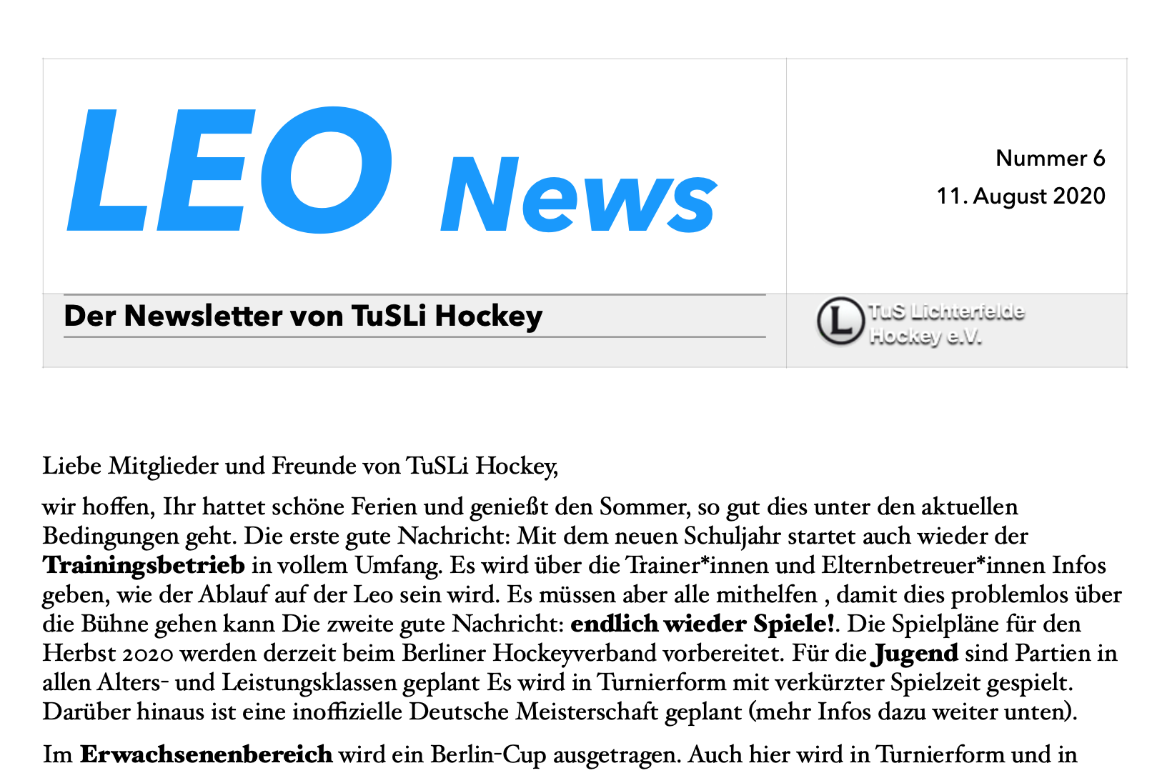 LEO News 6: Neuigkeiten rund um den Trainings- und Spielbetrieb sowie zum Start der 2. Bundesliga